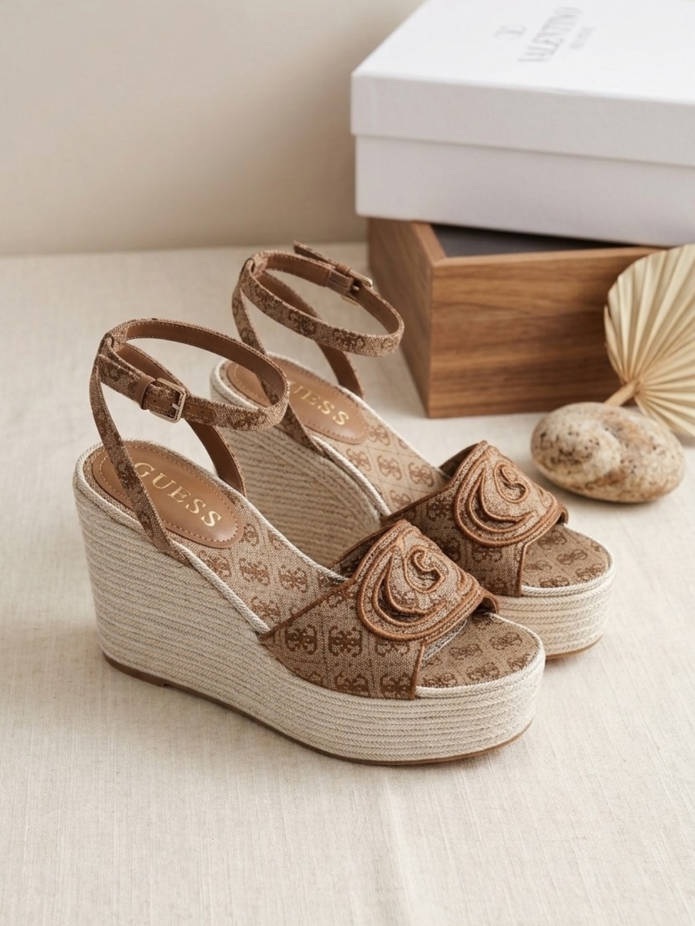 Guess Brown Logo Espadrille Platform Wedges